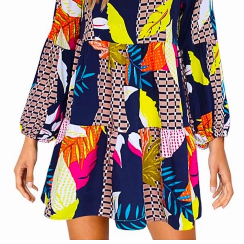 Hawaiian/ Tropical Pink and Blue A-line Resort Dress with Bishop Sleeves